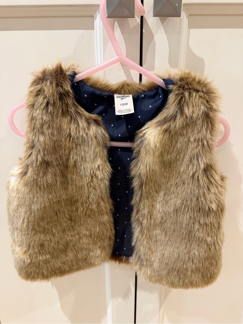 OshKosh B'gosh Faux Fur Vest - Tan with Navy Polka Dot Lining
